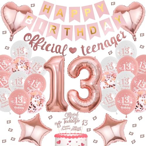Offizielle Teenager 13. Geburtstag Deko - 50 Stück Roségold Party Set Mit Happy Birthday Banner, Folienballons, Kuchendekoration für Mädchen