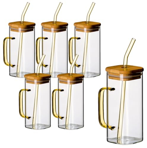 gouveo 6er Set Trinkgläser 350 ml mit Henkel GELB, Deckel und Strohhalm - Cocktail Gläser aus Borosilikatglas - Longdrinkgläser mit Griff - Glasbecher für Kalt- & Heißgetränke (TGE350HY)
