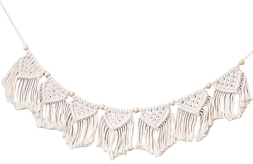 1 bandera de tapiz, cuentas de madera tejida, decoración bohemia para colgar en la pared, borla tira de la bandera, tapiz decorativo, adecuado para sala de estar y dormitorio