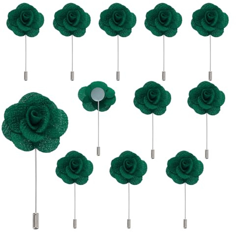 QUARKZMAN 12Pcs Épinglette Boutonnière Accessoire Boutonnière Corsage | Camélia Vert Foncé, Broches de Poche pour Cérémonie de Mariage Anniversaire Bal de Promo Soirée Formelle