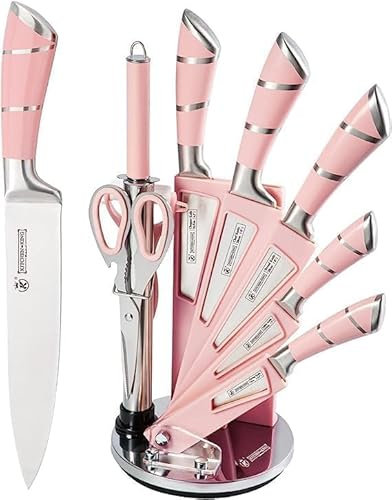 Kitchen Knife Set, 9-Piece White Sharp Non-Stick Coated Chef Knives Block Set,Stainless Steel Knife Set for Kitchen with Sharpener for Cutting Slicing Dicing Chopping (Pink)