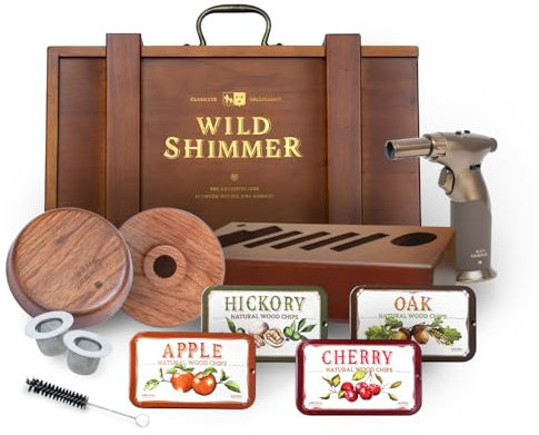 Cocktail Whiskey Smoker Kit with Torch, Wooden Box & Stand | Premium USA Walnut Smoker & 4 Flavors Natural Wood Chips | Old Fashioned Smoker Kit | Bourbon Gifts for Men