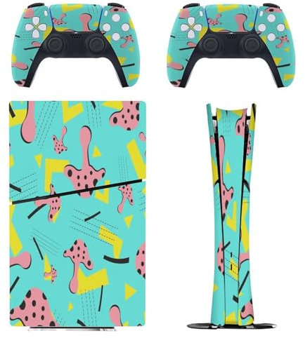 Retro-Memphis mit Pilz, kompatibel mit PS5 Slim Konsole Skin und Controller Digital Edition Skins Set, präzise Passform und einfache Installation