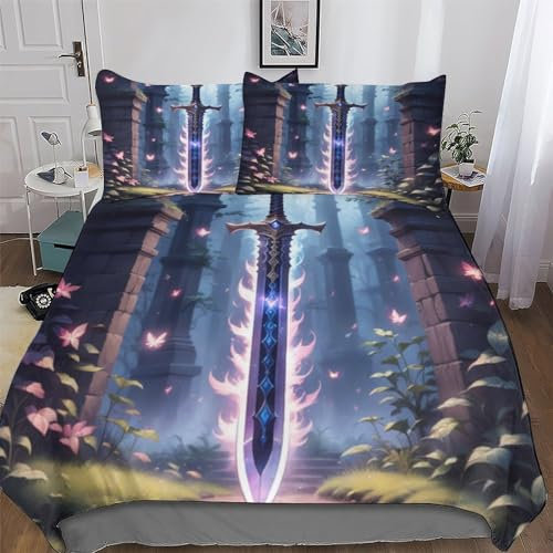 AAPZY Schwert Muster Bettwäsche Set, 3D Druck Bettbezug 3teilig, Hypoallergen Mikrofaser Bettbezüge Mit Kissenbezug Für Jungen Mädchen Deckenbezug, Double (200x200cm)