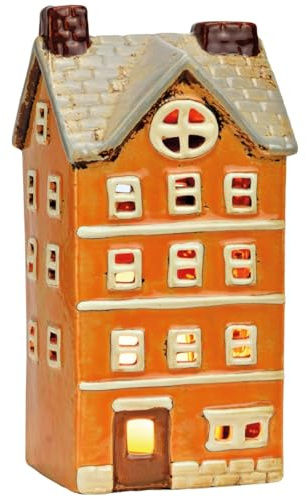 Windlicht Nostalgie Dekohaus aus Steingut als Weihnachtsdeko - Orange Lichthaus 11 x 22 cm Kerzenhalter für Weihnachten & Herbst - Lichterhaus Teelichthalter als Tischdeko, Fensterbank & Winterdeko
