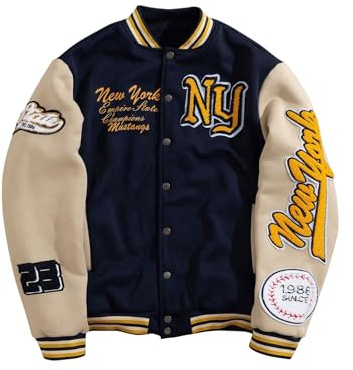 GORGLITTER Men's Letter Graphic Varsity Jacket Long Sleeve Striped Trim Button Bomber Jackets Apricot and Dark Blue Medium