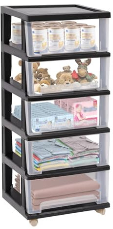 5 Schubladen Schubladenschrank Bodenhalterung Schubladenregal 40*33*98 cm Schubladenboxen mit 4 Rädern Geeignet zum Ordnen von Büchern Schmuck Kosmetika Snacks Verschiedenen Gegenständen usw (Schwarz)
