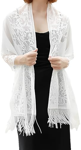 Elegante Stola, Ladiery Damen Umschlagtuch, Umhang Schal Spitzenschal Schal mit Quasten, Dünne Vintage stola Wraps, Hohl Chiffon Stola Damen Festlich, Stola für Abendkleid (Weiß)