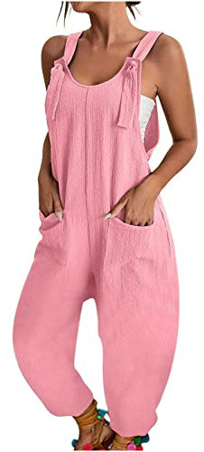 Combinaison sans Manches pour Femme, Salopette Femme Coton Lin Jumpsuit Combishort À Bretelles Dos Nu Barboteuse Jambes Larges Léger Spaghetti Pantalon avec Poches Playsuit Combi Femmes