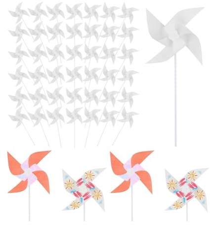 Hopbucan 50 Stück DIY-Windräder Aus Papier für Kinder, Weiße, Blanke Windräder Aus Papier, Blanke Windmühlen Aus Kunststoff, Kleine Windräder für Den Sommer Von Kindern