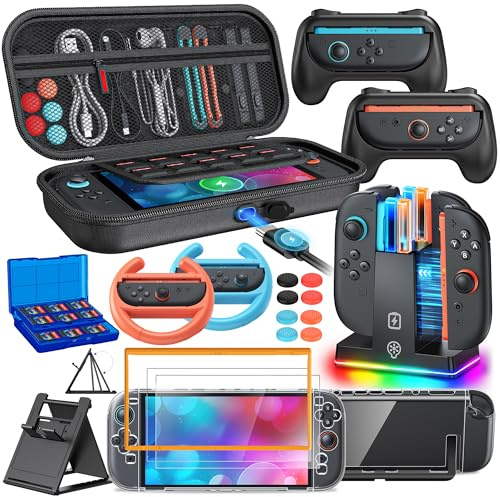 Switch 2 Zubehör, [Lade innen] Tasche Bundle für Nintendo Switch 2 Konsole | FYOUNG 22-in-1-Set: Tragetasche, Controller-Ladestation, Schutzhülle, Griff für Joy Con 2, Lenkrad für Mario Kart