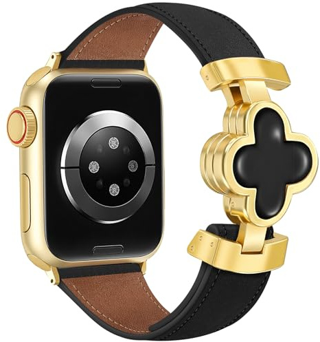 MOINSPIRE Designerschmale Leder-Armbänder für Damen, Glückskleeblatt Hübsches Schickes Magnet-Armband für die iWatch, kompatibel mit Apple Watch Series 11/10/9/8/7/6/5/4/3/2/1 SE 1/2/3 Ultra 1/2/3