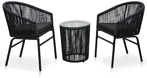 Teenpull 3-TLG. Bistro-Set mit Kissen, PE-Rattan Schwarz, Outdoor Gartenmöbel für Balkon Terrasse, wetterfestes Lounge-Set mit 2 Stühlen und Tisch
