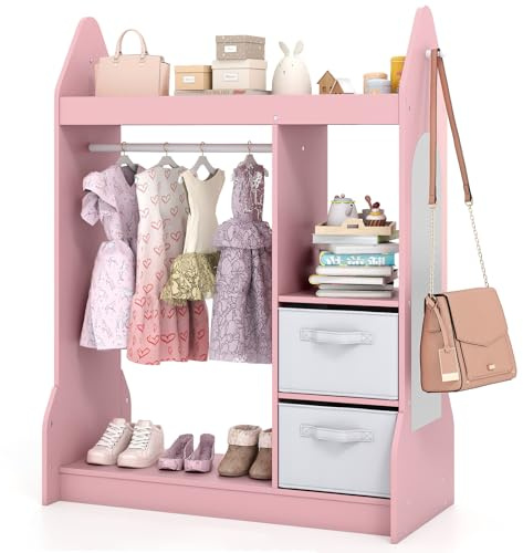 COSTWAY Guardaroba per Bambini, Armadio Gioco con Specchio Appendiabiti, Cassette in Tessuto Pieghevoli, Organizer per Stanza e Camera da Letto, 81 x 38 x 107 cm (Rosa)
