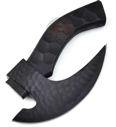 Viking Pizza Cutter Axe with Leather Sheath - Carbon Steel Axe Blade with Wood Handle - Viking Style Forging Pizza Cutter Design - Best for Him and Her