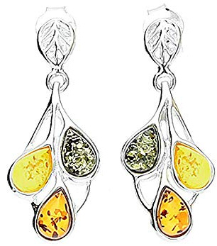 Damen-Ohrringe mit Bernstein-Blatt-Design, 925er Sterlingsilber, gemischt, Orange, Gelb und Grün, Bernstein, 11 mm x 29 mm, 070386