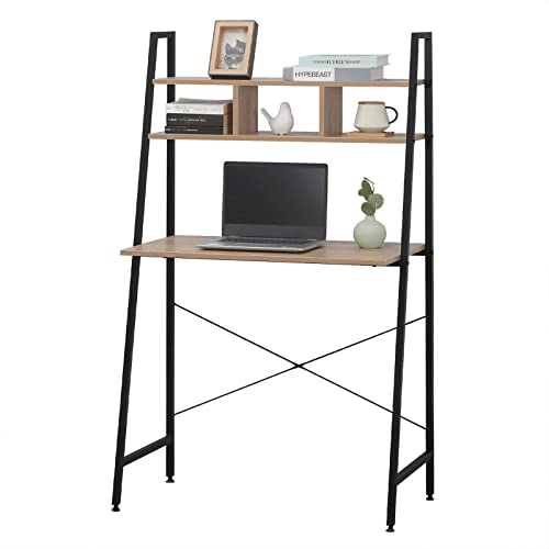 WOLTU TSB05hei Computer Laptop PC Desk Table with Shelves Oak Colour Office Desk for Home Study Table Workstation for Home Office Made of Wood and Steel, 84x46x140cm