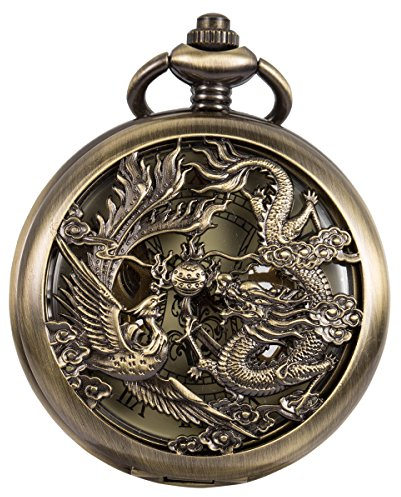 SIBOSUN Taschenuhr Mechanische Skelett Auspicious Drache und Phönix Handaufzug Uhrwerk + Geschenkbox Bronze