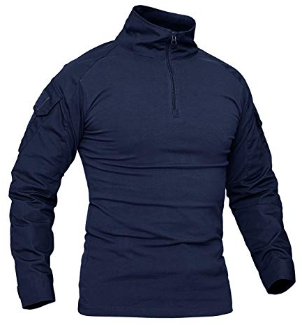 KEFITEVD Military Shirt Herren Half Zip Army Pullover Männer Tactical Shirt mit Patch Klett Elastisch Angeln T-Shirt Taktisch Combat Shirt Feldbluse Navy Blau XL