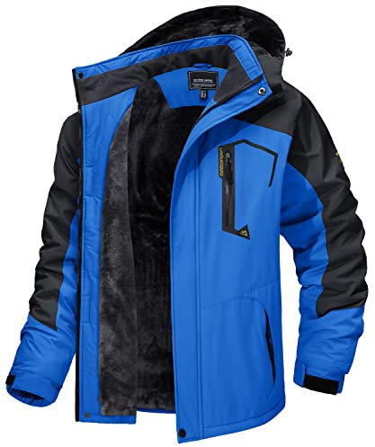 MAGCOMSEN Skijacke Herren Warm Wanderjacke Winter Gefüttert Arbeitsjacke Outdoor Übergangsjacke Atmungsaktiv Windbreaker Warm Schneejacke Wasserdicht Fleecejacke mit Kapuze Blau L