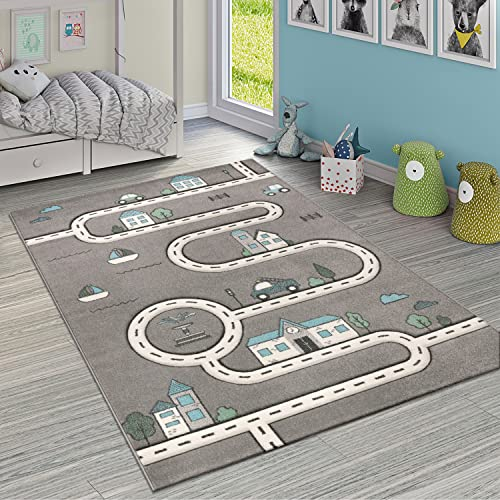 Paco Home Kinderteppich Kinderzimmer Modern Lernteppich Straße Auto Haus Design In Grau, Grösse:140x200 cm