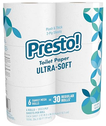Amazon Brand - Presto! 2-Ply Ultra-Soft Toilet Paper, 6 Family Mega Rolls = 30 regular rolls, 1878 Count (6 roll of 313 sheets), Unscented, White
