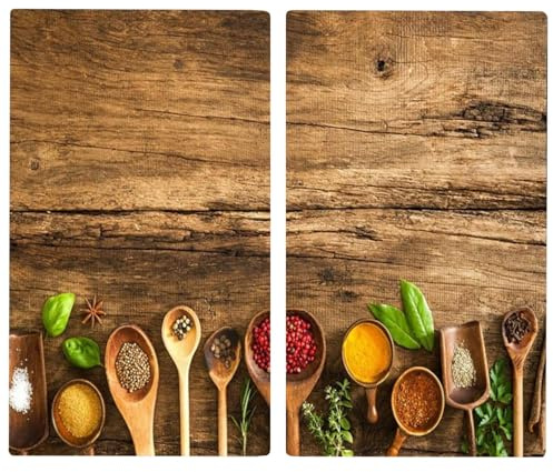 MTS Set of 2 Glass Chopping Boards - Spices Design - Non-Slip Feet, Compatible with All Hob Types, Heat Resistant – Beautiful Hob Covers, Glass Worktop Savers for Kitchen