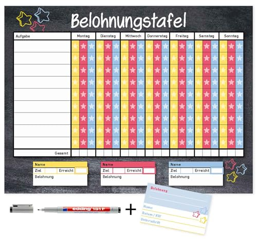 Belohnungstafel mit Aufgaben-Liste für 3 Kinder inkl. Belohnungskarten I 40 x 30 cm I mit Stift I abwischbar I magnetisch I Haushaltsplaner für Kleinkinder und Jugendliche I dv788