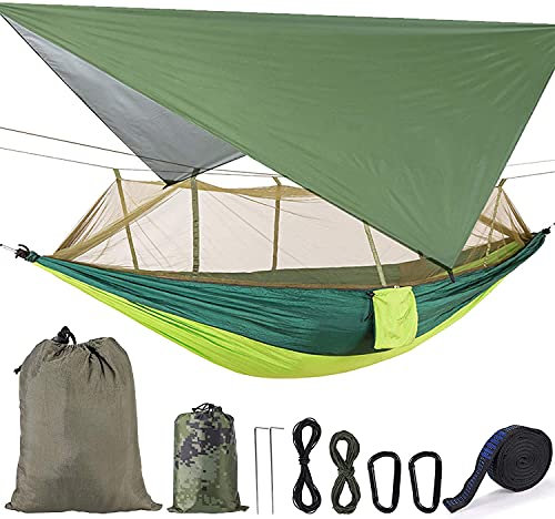 Tragbare Hängematte mit Moskitonetz, Ultraleicht Wasserdicht Nylon Hängematte Outdoor Plane Zelt Picknicktuch, Hängematte 2 Personen mit Baumgurte für Trekking/Wandern/Reisen/Garten (Grün 2)