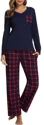 iClosam Schlafanzug Damen Lang Pyjama Set Winter Baumwolle V-Ausschnitt Zweiteiliger Nachtwäsche Langarm Sleepwear und Karierte Pyjamahose Loungewear Freizeitanzug