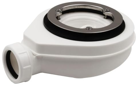 Válvula de Desagüe para Platos de Ducha | Sifón para plato de ducha- 140 mm de diámetro | Aro de Sujeción de Acero Inoxidable brillo con fijación mediante 3 Tornillos | Con Contenedor de Residuos