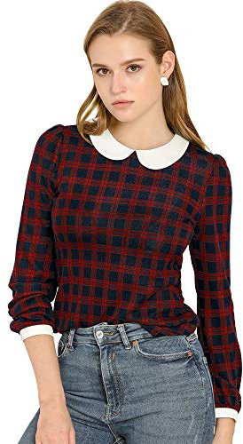 Allegra K Femmes Chemisier Carreaux Contrastés Manches Bouffantes Col Claudine Rouge XS