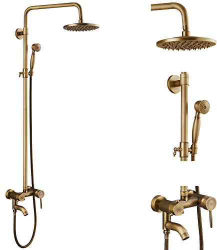 Aolemi Antik Messing Duscharmatur 8 Zoll Duschkopf Vintage Drehbarer Wannenauslauf Duscharmatur Set Mischbatterie Handbrause Dreifachfunktion Duschkombi-Set Einzelgriff