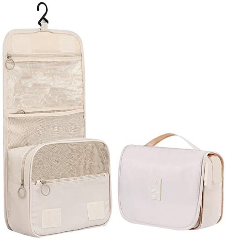 Travel Hanging Toiletry Wash Bag, Veyarien Folding Waterproof Makeup Cosmetic Bags Organizer for Women Ladies Girls (Beige)