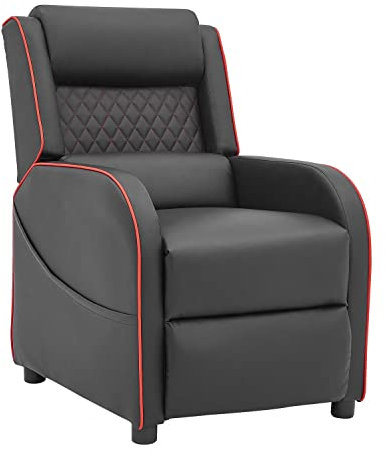 Gaming Recliner Gaming Armchair, Gaming Chair with Footrest and Headrest with Reclining Function for Ultimate Gaming Set Up with Chair Side Pockets in (Black with Red Trim)