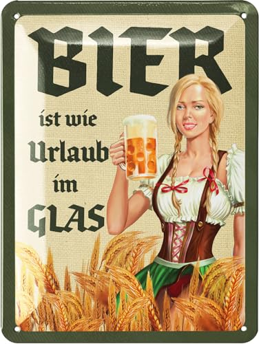 LANOLU Retro Blechschild BIER IST WIE URLAUB IM GLAS - Bar, Kneipen, Partykeller Dekoration - lustiges Sprüche Schild Alkohol Geschenk für Bierliebhaber, Männer zum Vatertag 15x20cm