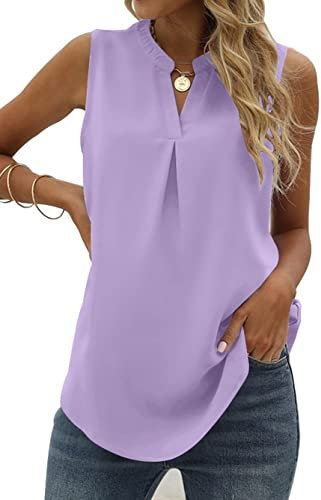 Famulily Basic Pleated V Neck Tank Tops for Women Ladies Loose Casual Sleeveless Shirts Blouses Vest Purple XL