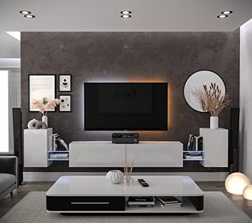 Furnitech Wohnwand Wohnzimmer | Wohnzimmer Möbel mit LED Weiß | Hängend Wohnwand Modern | Wohnzimmer Schrankwand mit Regale und TV Schrank (AN103-21W-HG2-1C)