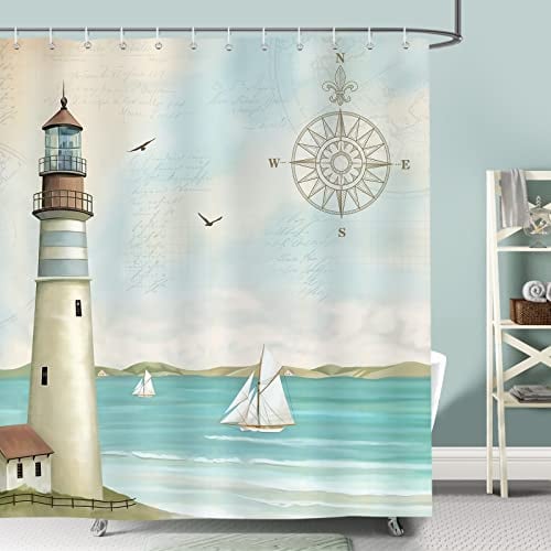 Bonhause Duschvorhang Leuchtturm Nautisch Segelboot Küsten Duschvorhänge 180 x 180 cm Anti-Schimmel Wasserdicht Polyester Stoff Waschbar Bad Vorhäng für Badzimmer mit 12 Haken