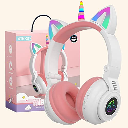 Kids Unicorn Casque sans Fil, écouteurs Bluetooth pour Filles, Casques pour Enfants Mignons écouteurs Roses pour Anniversaire de Filles Cadeau de Licorne de Noël de Retour à l'école (rose blanc)