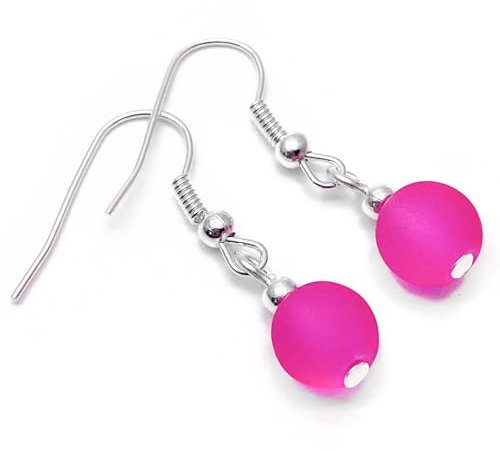 Frosted Hot Pink Glass Bead Earrings, 8mm Matte Round Beads on Nickel Free Hooks : 32mm long, Handmade Beaded Drop Earrings for Women