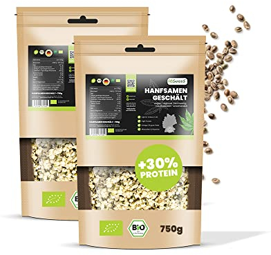 SANUUS Bio Hanfsamen geschält 2x750g - Bio Hanfsamen naturbelassen & vegan Superfood aus Deutschland High Protein mit Vitaminen & Omega-3 Fettsäuren für Proteinshakes, Porridge & Gebäck