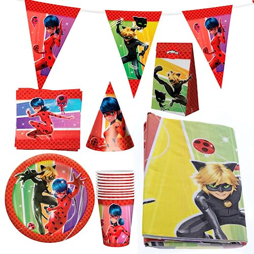 Party Factory `Miraculous´ XXL-Set, 10 Becher, 10 Teller, 20 Servietten, 1 Tischdecke, 1 Wimpelkette, 10 Partyhüte und 10 Partytüten