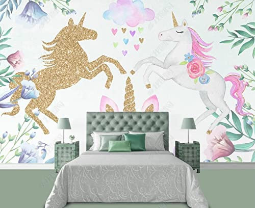 Papier Peint Panoramique Arc En Ciel Licornes 3D Poster Mural pour Salon Chambre Décoration Murale