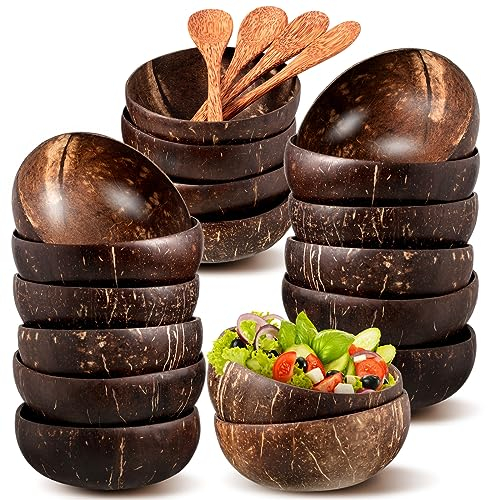 Taiyin Lot de 12 bols en noix de coco polie et cuillères en bois naturel pour salade smoothie pour la cuisine, les femmes, les cadeaux de décoration d'anniversaire d'enfants