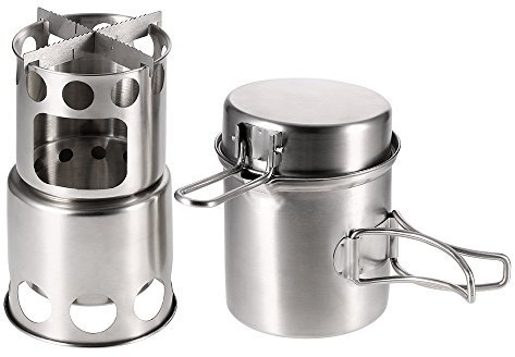 Karlak Réchaud à bois de camping, réchaud de camping portable combiné réchaud à bois et marmite pour l'extérieur, la randonnée, la pêche, la randonnée