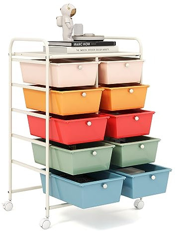 GiantexUK 10 Drawers Storage Cart, Mobile Rolling Storage Trolley with 4 Lockable Wheels & Handles, Utility Shelving Organizer Unit for Home Office Salon Beauty Make up (Macaron)