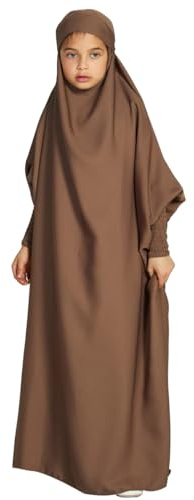 Odizli Gebetskleidung für Kinder Mädchen Abaya Muslim Islam Muslimische Kleider mit Kapuze Langarm Arabisch Türkische Robe Hijab Jilbab Khimar Kaftan Ramadan Burka Lang Gebetskleid Braun 12-13 Jahre