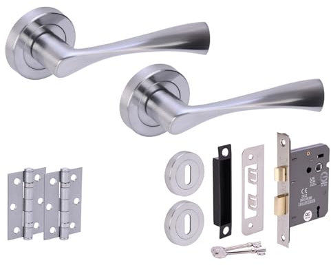 HANDLEZONE® Zena Door Handles on Rose 3 Lever Lock Pack with Ball Bearing Hinges - Satin Chrome