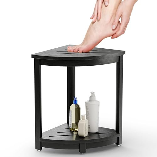 HOLANA Panca da doccia angolare in legno da 30,5 cm e sgabello da doccia angolare con ripiano portaoggetti, sedile angolare per gambe da doccia e rasatura, gradino per vasca da bagno per piccoli